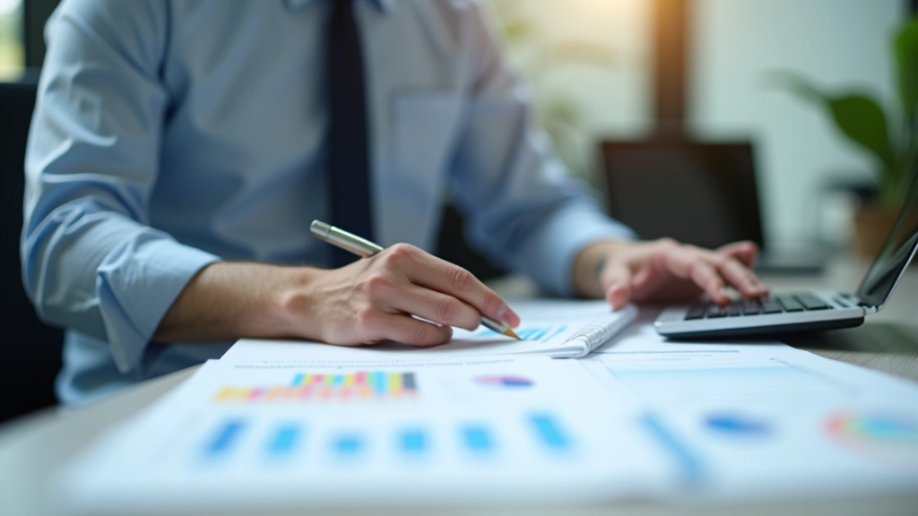 Accountant calculating and verifying balance sheet figures with multiple documents and financial reports