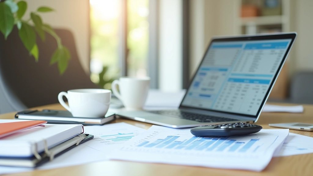 Modern office workspace with laptop, notebook, and financial documents on desk