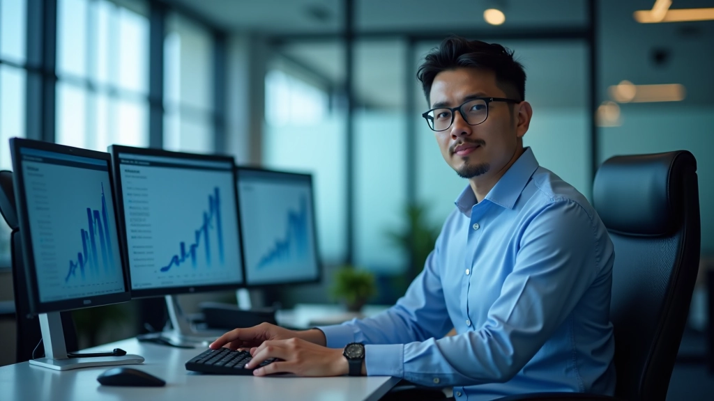 Financial analyst reviewing cash flow statement trends on large computer monitor showing positive growth pattern