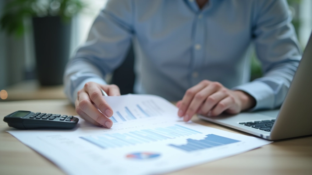 Professional financial analyst reviewing balance sheet data on desk with calculator and laptop