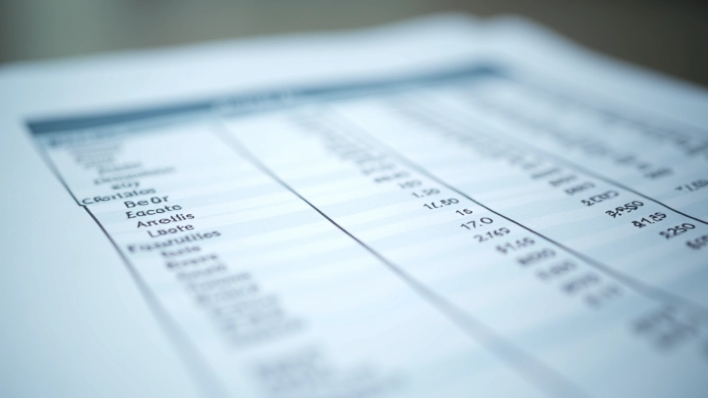 Balance sheet template with financial figures and columns clearly displayed on paper