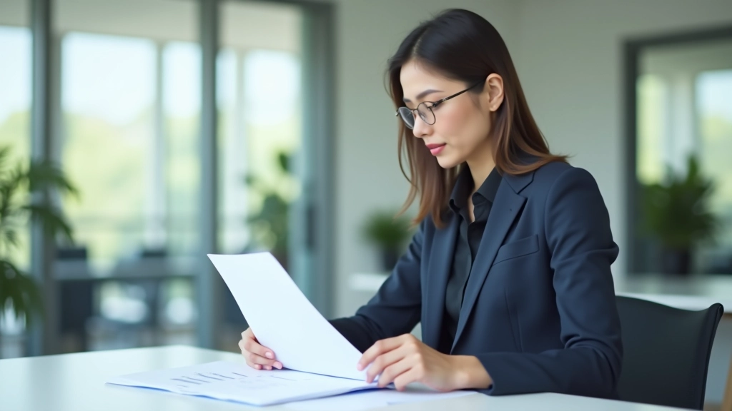 Business owner reviewing loan documents and financial obligations at office desk